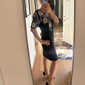 Vintage 80s Elite Hand Beaded Silk Floral Sequin Open Keyhole Coquette Dress S